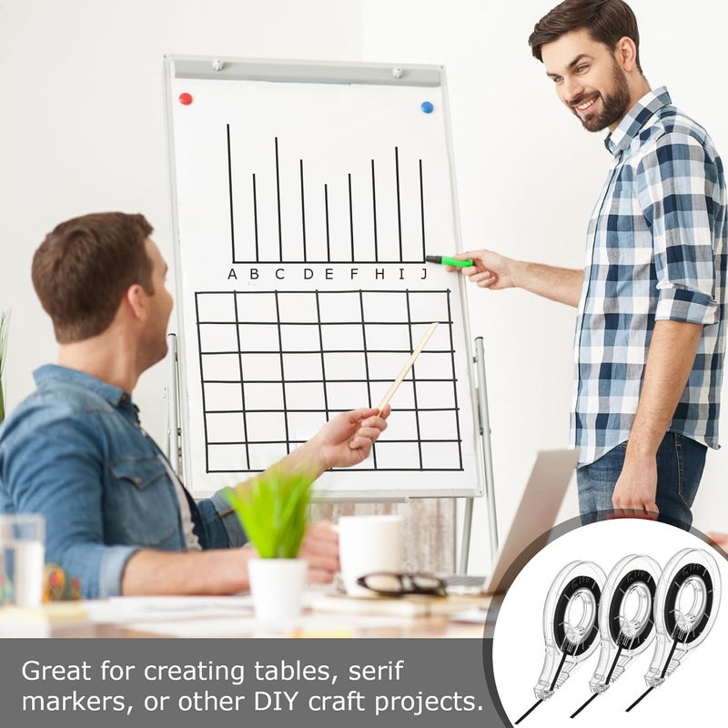 YooNotee 3 Pack Whiteboard Tape with Dispenser, Width 1/8" Graphic Tape with Dispenser, Length 43 ft Thin Pinstripe Line Black Dry Erase White Board Accessories for Grid Bar Chart - Image 3
